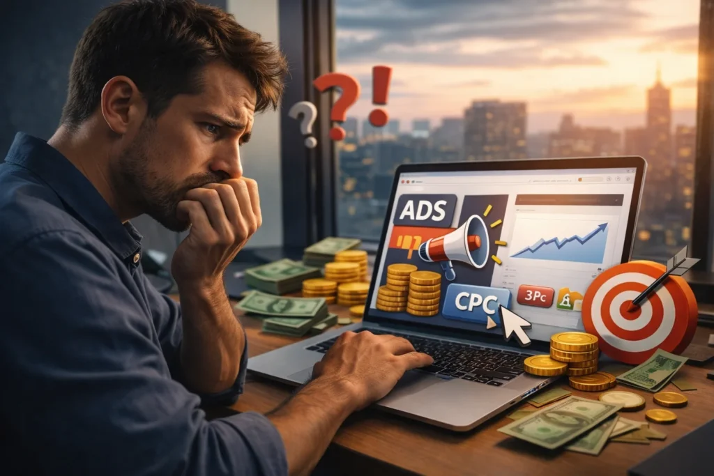 Medo de investir em tráfego pago ao analisar anúncios digitais e métricas de marketing