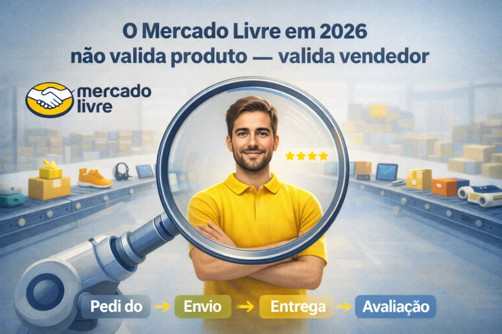 Ilustração sobre vendas no Mercado Livre mostrando algoritmo avaliando vendedor, logística, reputação e crescimento de anúncios