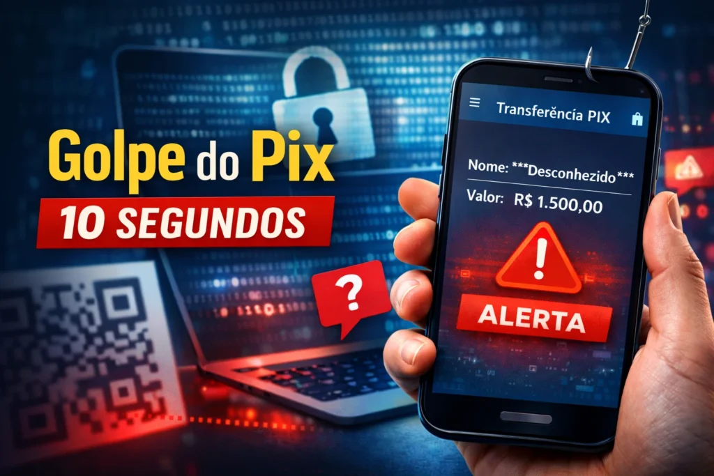Golpe do Pix: alerta de segurança mostrando transferência suspeita no celular e aviso de fraude