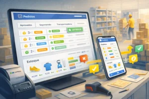 Sistemas de gestão organizando pedidos, estoque e operação no e-commerce