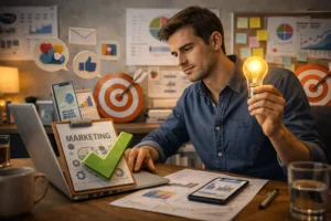 Empreendedor analisando resultados de tráfego pago no notebook, mostrando a diferença entre expectativa e realidade dos anúncios